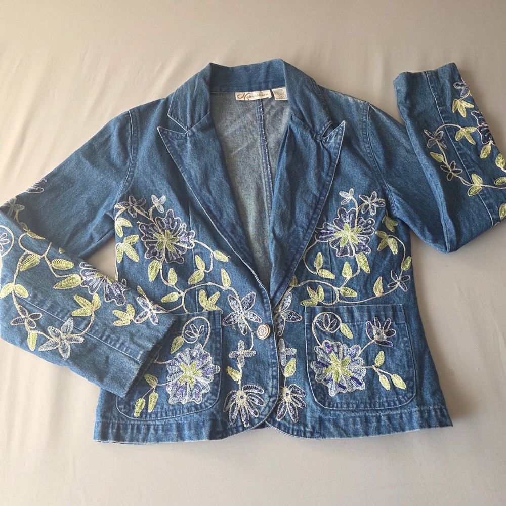 Dressbarn Denim Jacket Blazer Medium Blue Floral Embroidered Cottagecore fairy